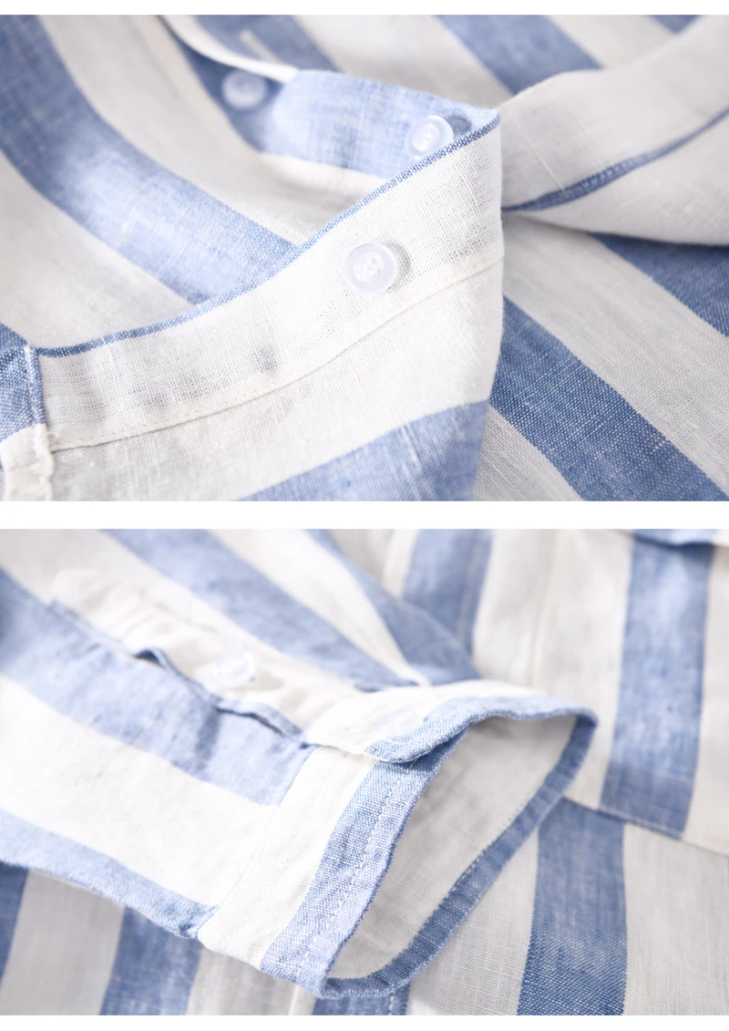 Летние модные мужские рубашки с воротником-стойкой с рукавом три четверти повседневные Полосатые Рубашки Мужские Винтажные льняные рубашки