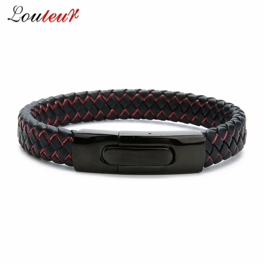 LOULEUR Fashion Men Jewelry Braid Black Red Genuine Leather Bracelet Stainless Steel Magnetic Buckle Punk Bangles Male | Украшения и