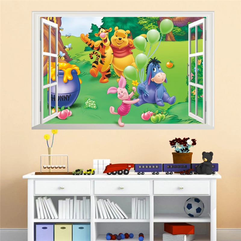 

Winnie The Pooh 3d Window Wall Stickers Kids Room Home Decoration Animals Bear Tiger Donkey Piggy Mural Art Cartoon Decal Poster