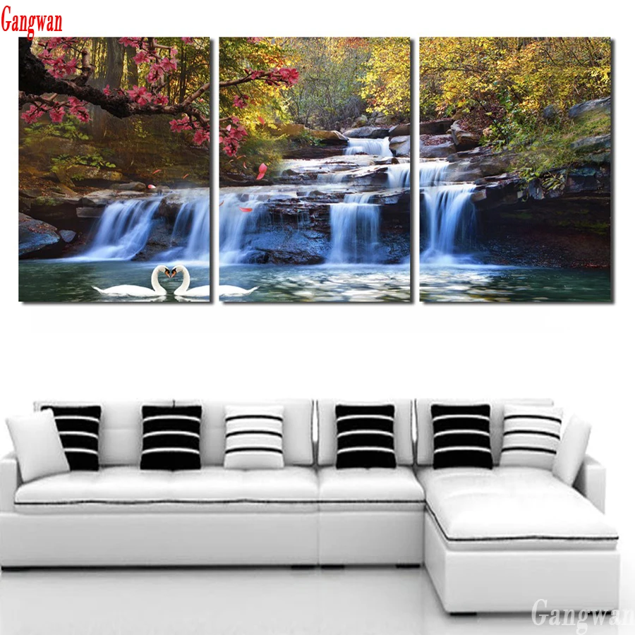 

3 Piece 5d cross stitch diamond painting new Strong Waterfall Natural Beauty view 3d embroidery beads full stone landscape decor