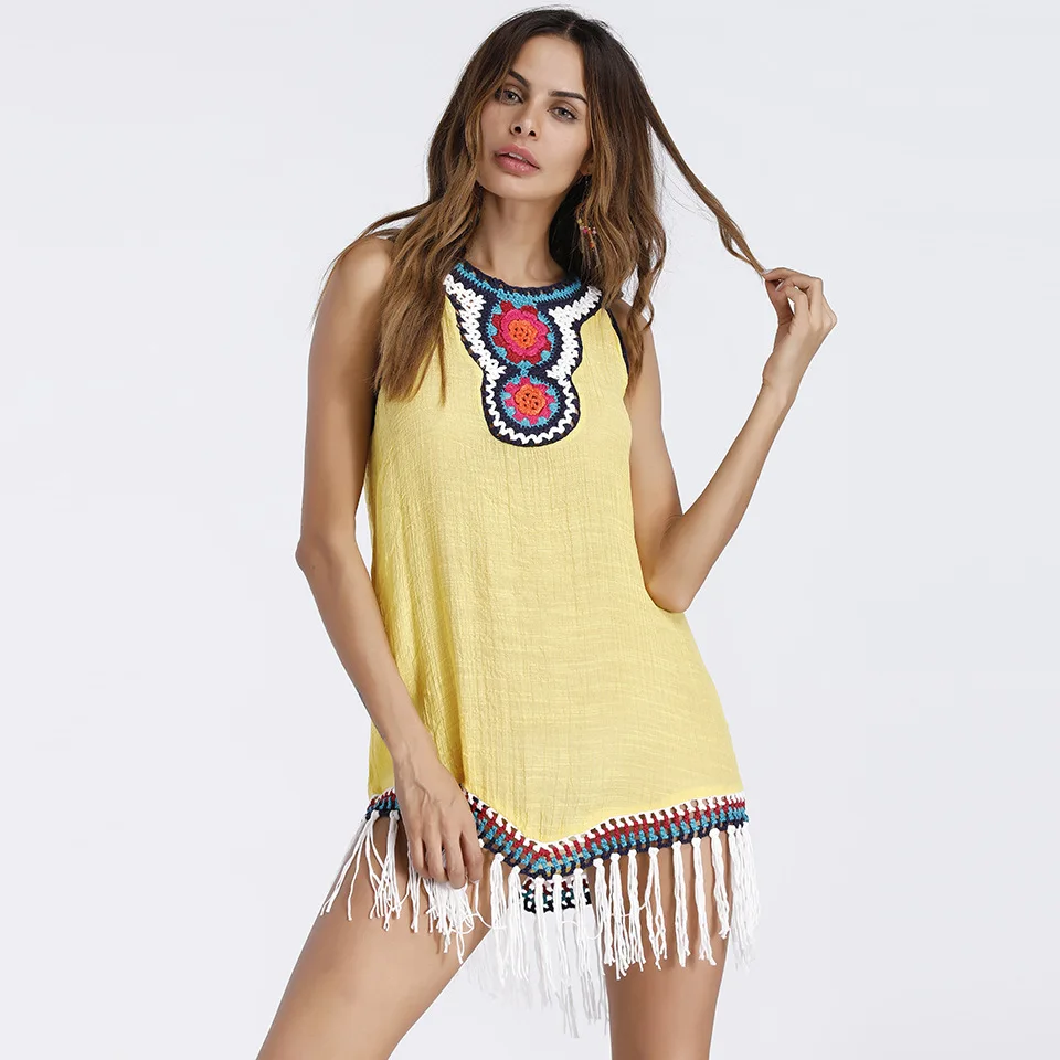 Boho Top Women Floral Print Bohemian Shirt Summer Long Vintage Tassel Patchwork Knitted Tops Tribal Indie Folk One Size | Женская одежда