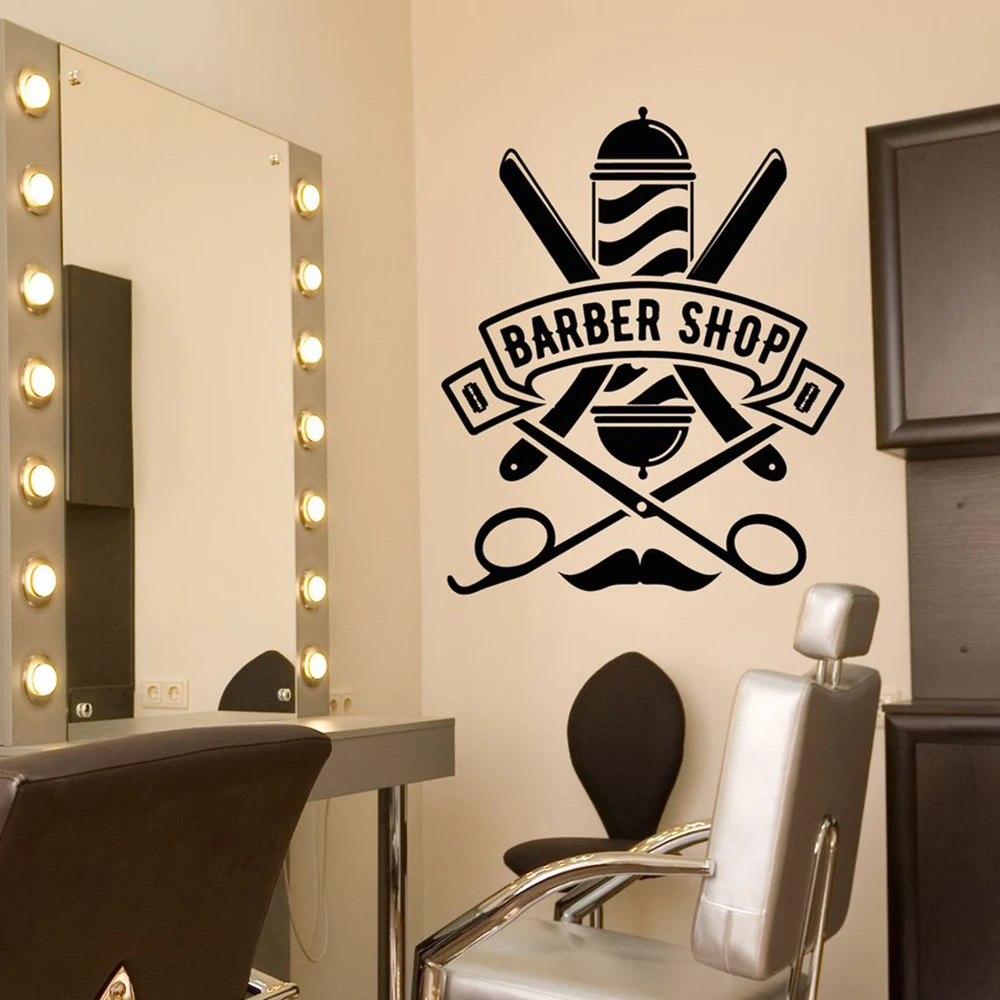 

Barbershop Logo Vinyl Wall Decal Hairstyle Haircut Beauty Salon Sign Straight Razor Wall Stickers Wall Window Decals Poster D559