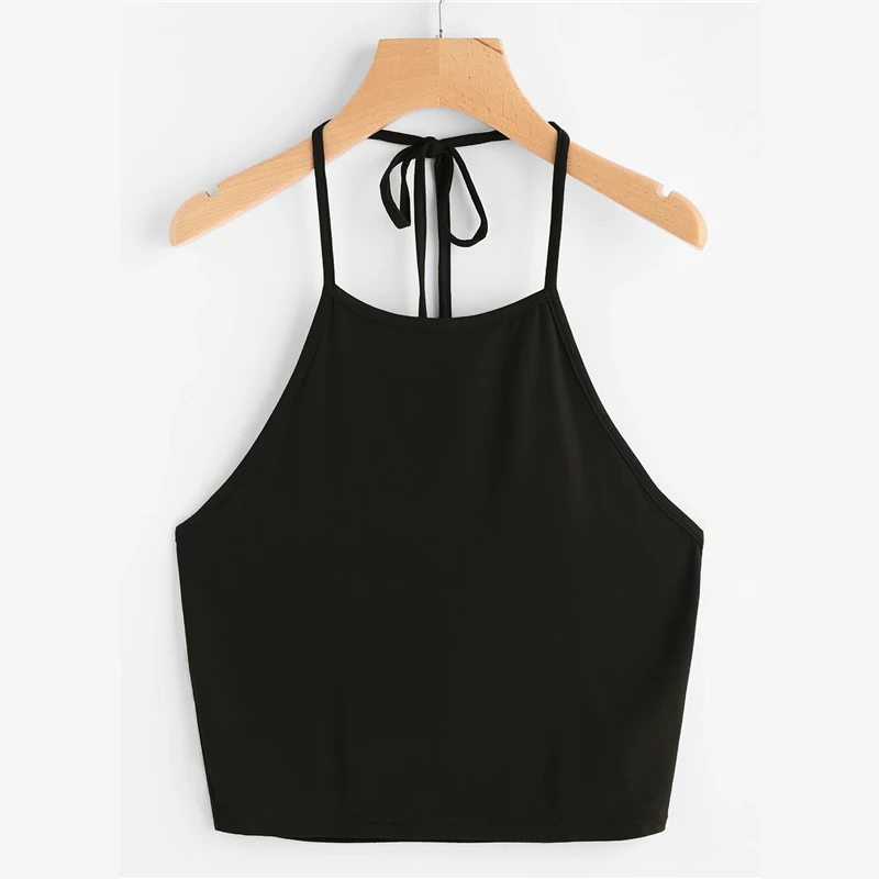 SHEIN, Boho, сексуальный, с завязками, на шее, Одноцветный, укороченный, топик, женский, летний, тонкий, на бретелях, с открытой спиной, для девушек, базовые Топы на бретельках