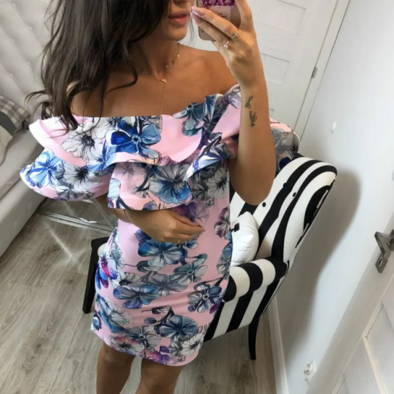 Для женщин летнее платье 2018 оборками Bodycon посылка бедра мини сексуальное Slash шеи