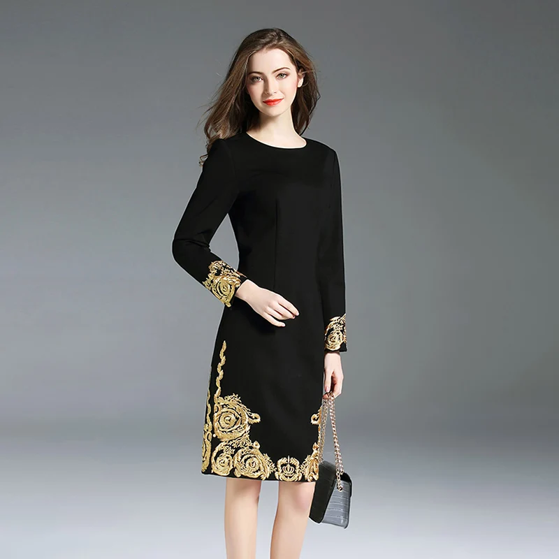 

2018 Women Elegant Embroidery black Pencil ol short Dress Spring female O-neck slim office lady Dresses Preppy Style Dress
