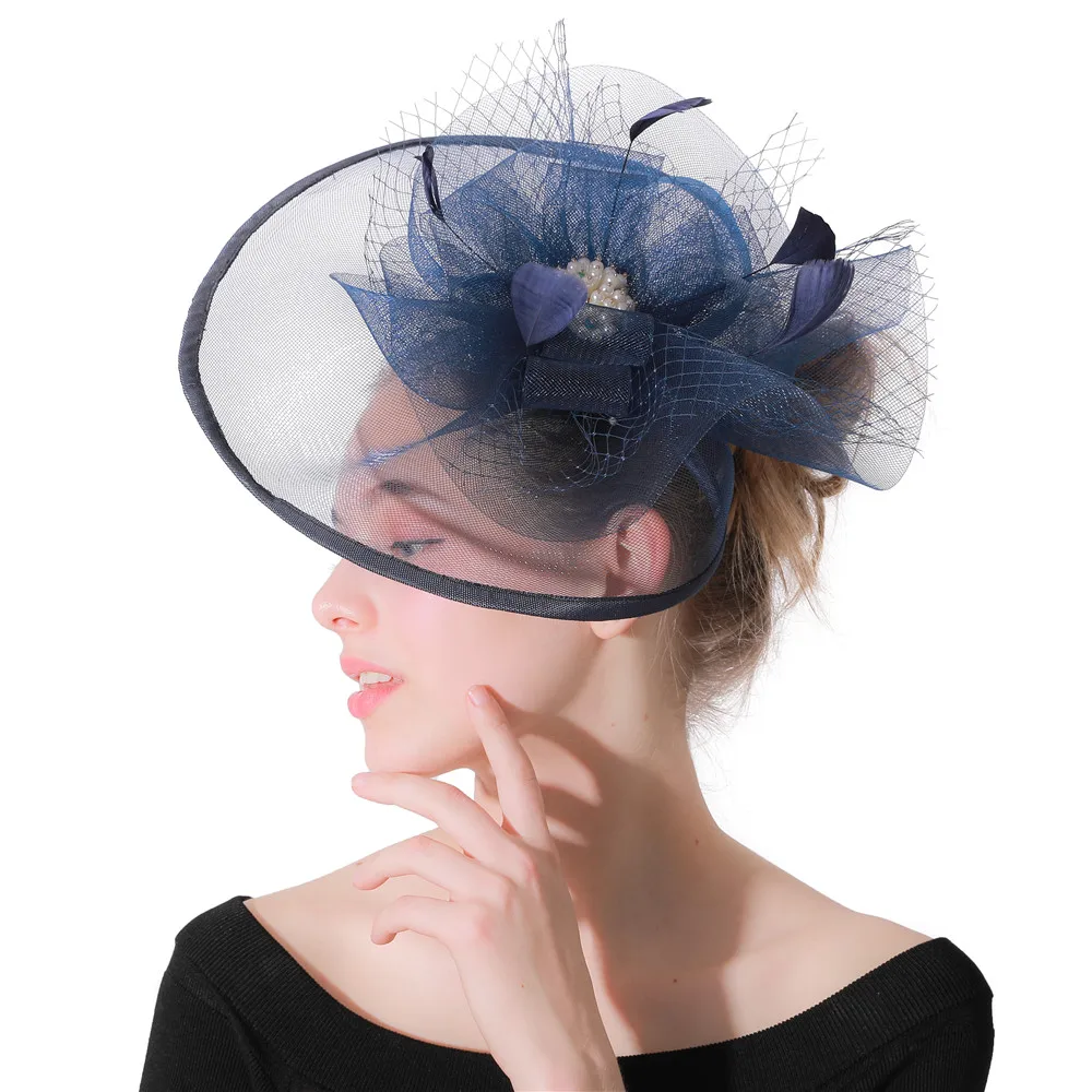 Большая Свадебная вуалетка с темно-синими цветами шляпа аксессуары для волос
