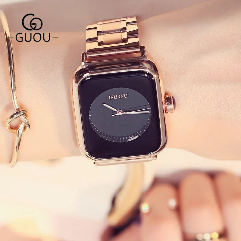 Женские роскошные квадратные часы 2020 Новая мода розовое золото Циферблат