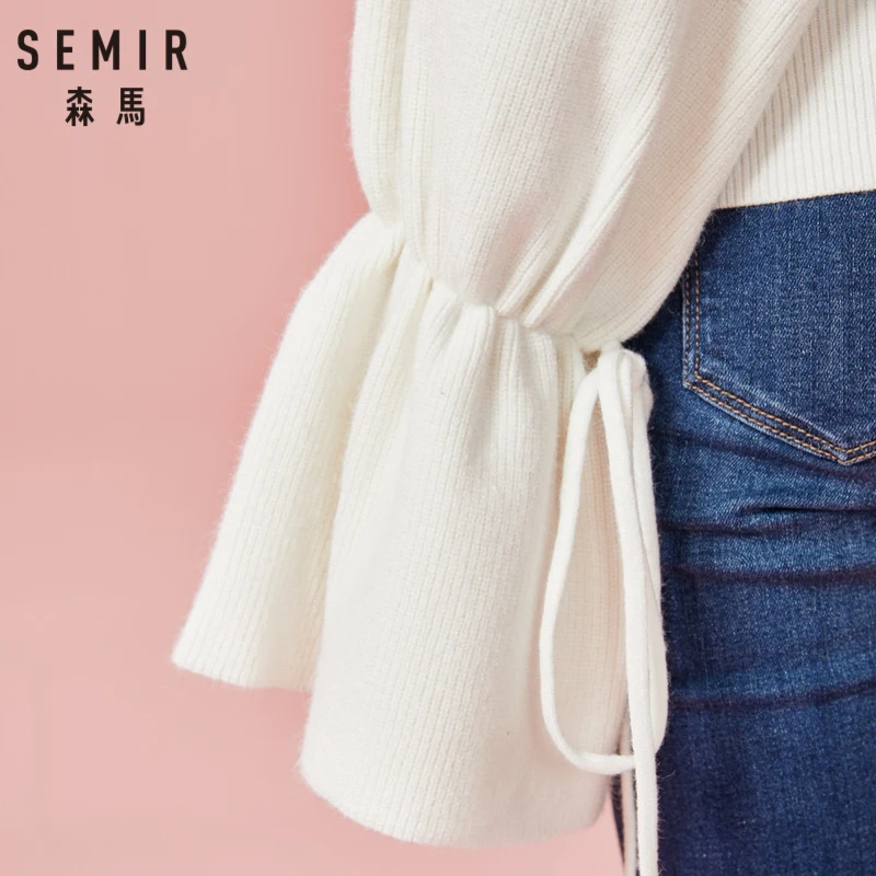 SEMIR Women Fine Knit Sweater with Drawstring Trumpet Sleeve Womens Pullover Ribbing at Neckline Cuff and Hem for Winter | Женская