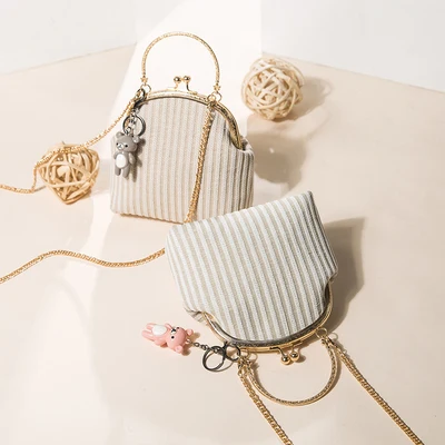 Vintage Ladies Shoulder Bags Bear Pendant Chain Crossbody Metal Handle Large Capacity Handbag For Women Striped Girls Bag | Багаж и сумки