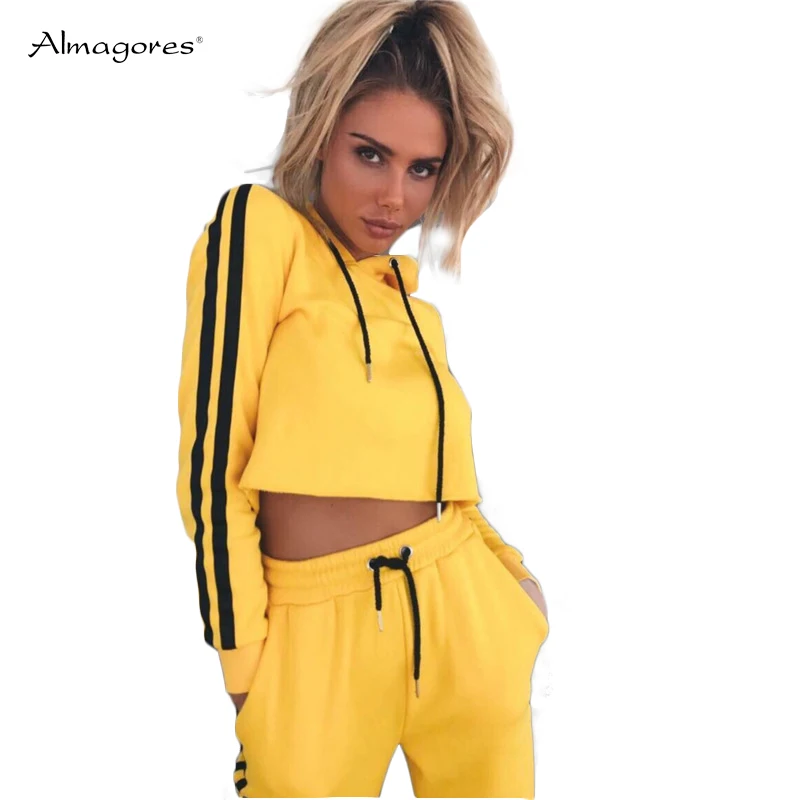 Almagores ансамбль Femme 2 шт Pantalon желтый Hooded Crop кофта топ шорты брюки Для женщин
