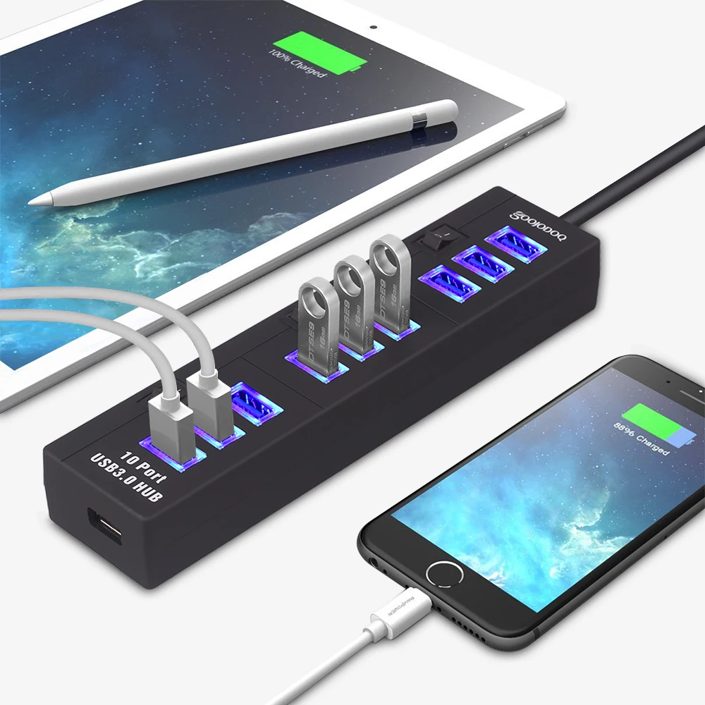 Высокая Скорость 10 Порты и разъёмы USB 3 0 концентратор разветвитель с