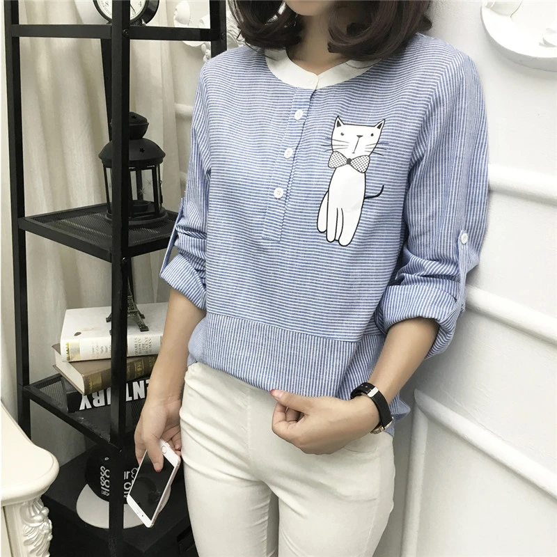 

Septevagus Blouse Shirt Female Cotton Linen 2019 New Summer Stripe Sweet Cartoon Cat Embroidery Shirts Women Tops Ladies Clothes