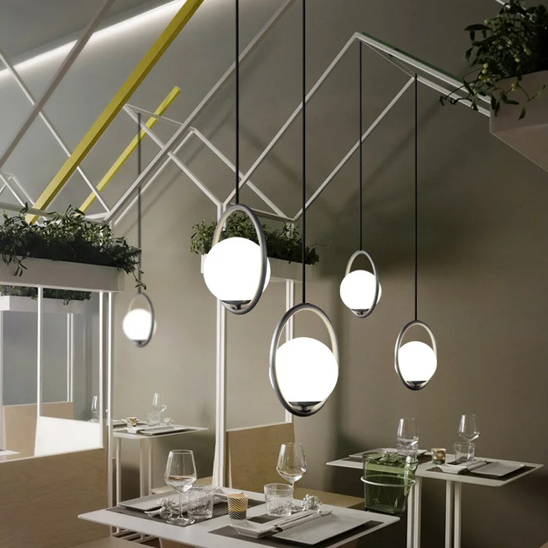 

American Creative Glass Ball Pendant Lights Iron Hoop Hang Lamp for Bedroom Cafe Restaurant Bar Indoor Lighting Fixtures Decor