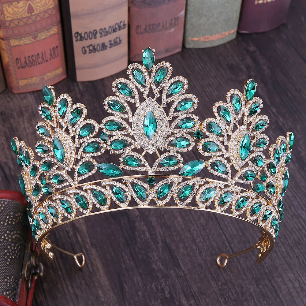 

Green Crystal Bride Crown Fashion Luxury Baroque Bridal Tiaras Wedding Hair Jewelry Women Princess Crowns Bride Headpieces