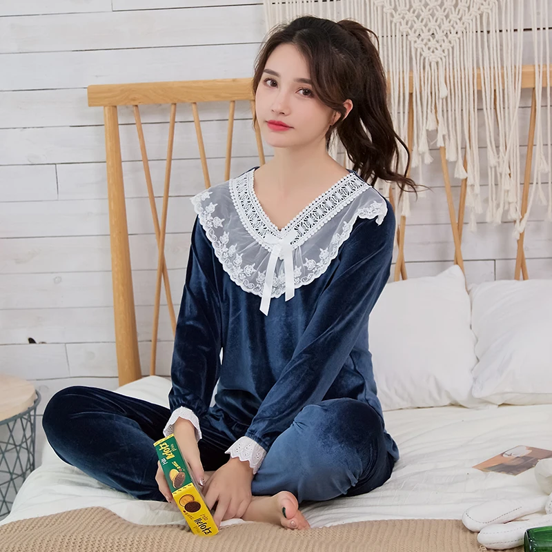 Золотые бархатные женские пижамные комплекты WAVMIT осенне зимняя одежда для сна с