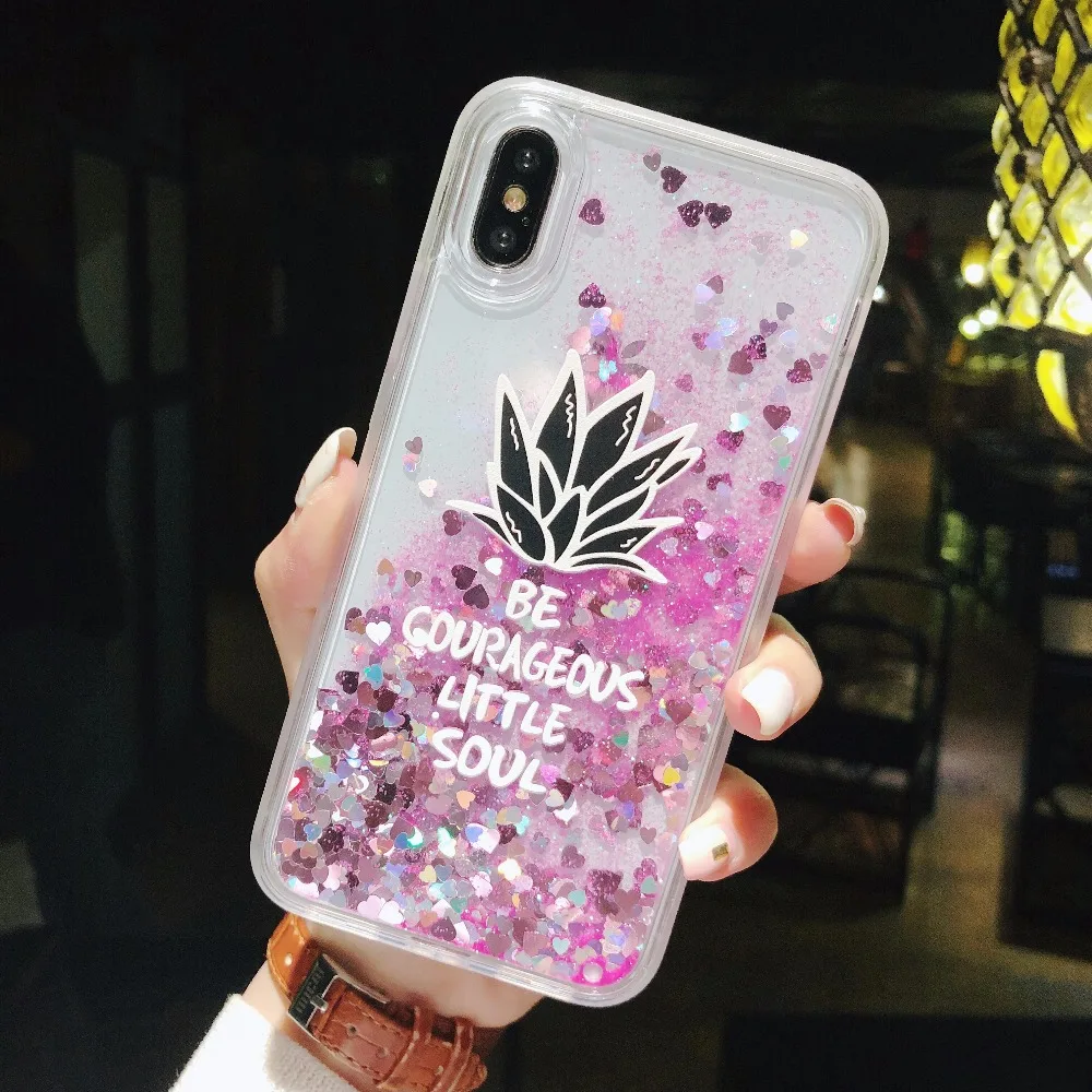 Bling Glitter Dynamic love heart pineapple Liquid Quicksand Phone Back cover For iPhone 6 6S Case 7 8 X Plus Capa |