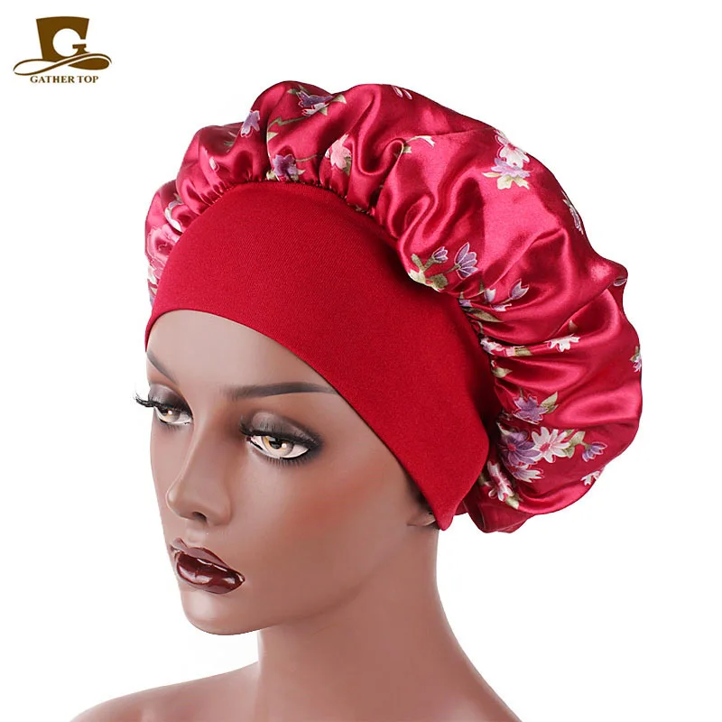 

Satin Bonnet For Women Day Night Sleep Cap Wide Elastic Band Floral Print Beauty Salon Headwear Hair Care Silky Comfortable Hat