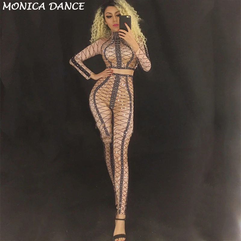 Spandex Printed Stretch Jumpsuit Rhinestones One Piece Bodysuit Costume Stage Outfit Singer Dancer Performance Rompers