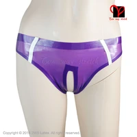transparent purple with white sexy latex briefs trims strip rubber crotchless shorts pants knickers underwear kz 033