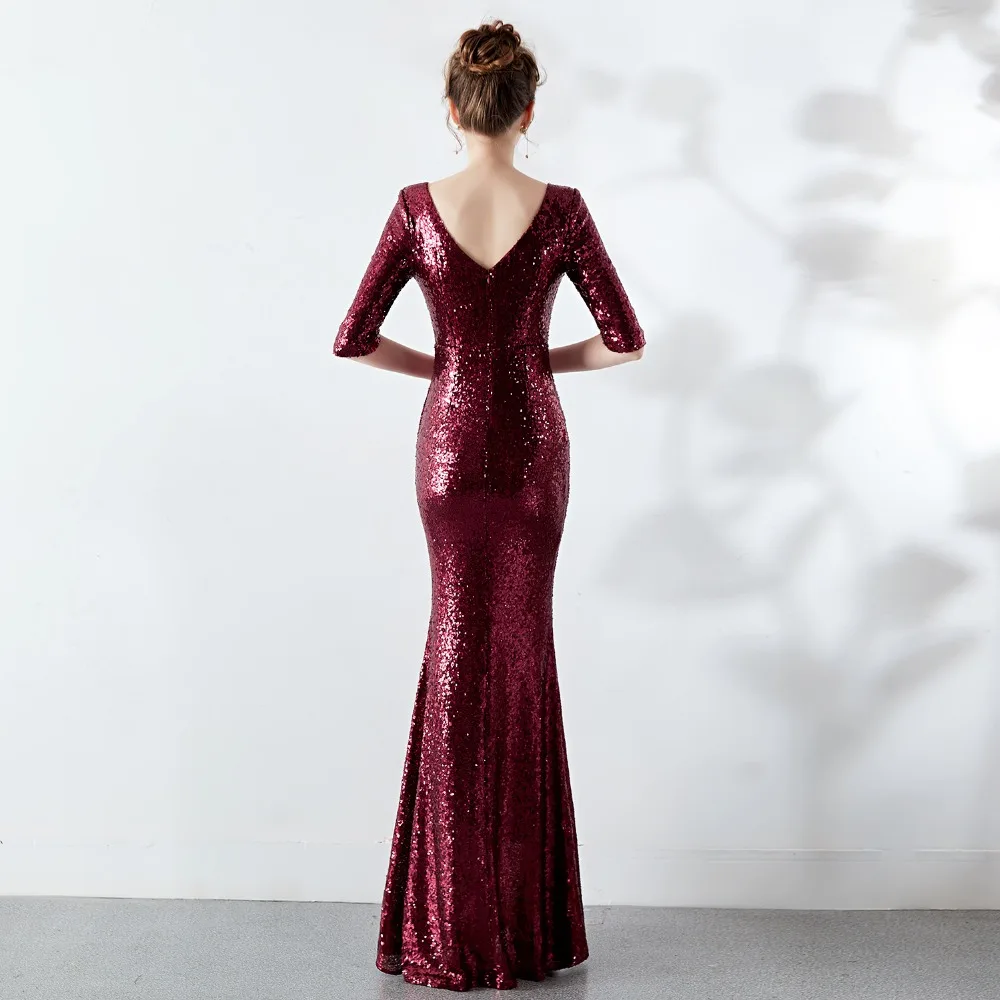 Sladuo Women Luxury Elegant Wine Red Sexy Half Sleeve Sequin Long Length Mermaid Party Dress Maxi | Женская одежда