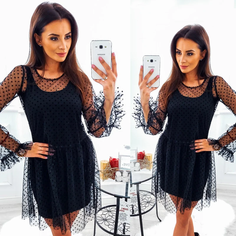 2019 Women Summer Sexy Hot Fashion Dress Mesh Dot Two- Piece Solid Elegant Long Sleeve Mini Party Vintage Female Vestidos | Женская
