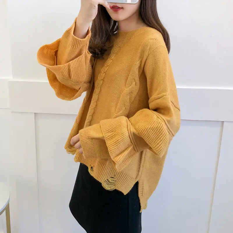 

Women Sweater Pullover 2018 Autumn Winter Butterfly Sleeve Ruffles Jumpers Pull Femme Oversized Retro Knitted Sweater LQ328