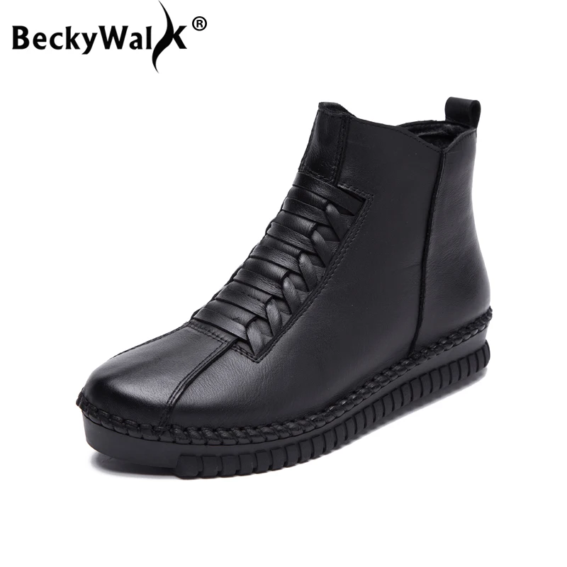 

Зимние женские ботильоны BeckyWalk из натуральной кожи, женская обувь ручной работы, плюшевые ботинки на плоской подошве, зимние ботинки, женска...