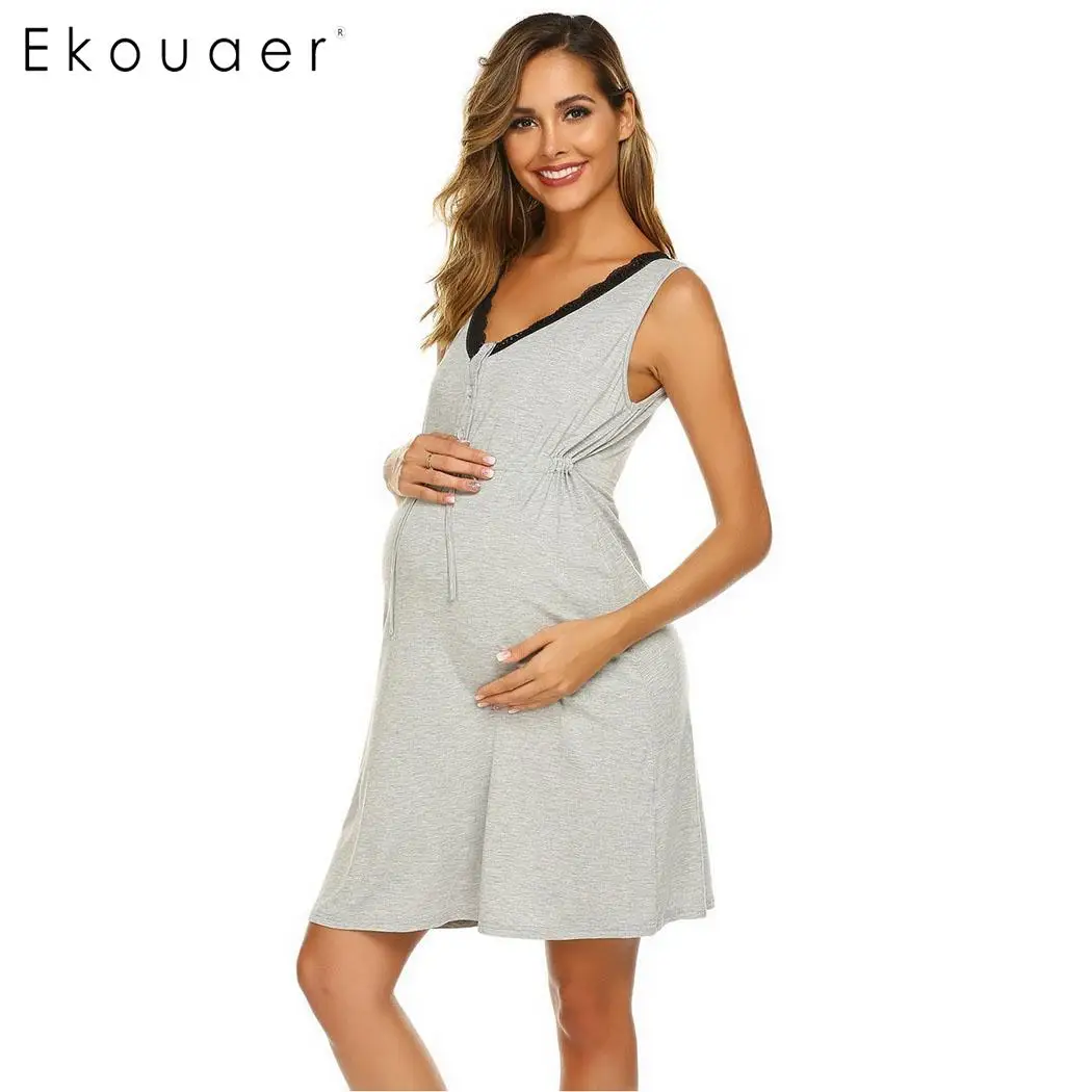 Gray Ekouaer Сорочка Ночное платье женская одежда для сна Однотонная ночная рубашка для грудного вскармливания Домашняя одежда женская одежда для сна - Цвет: Gray