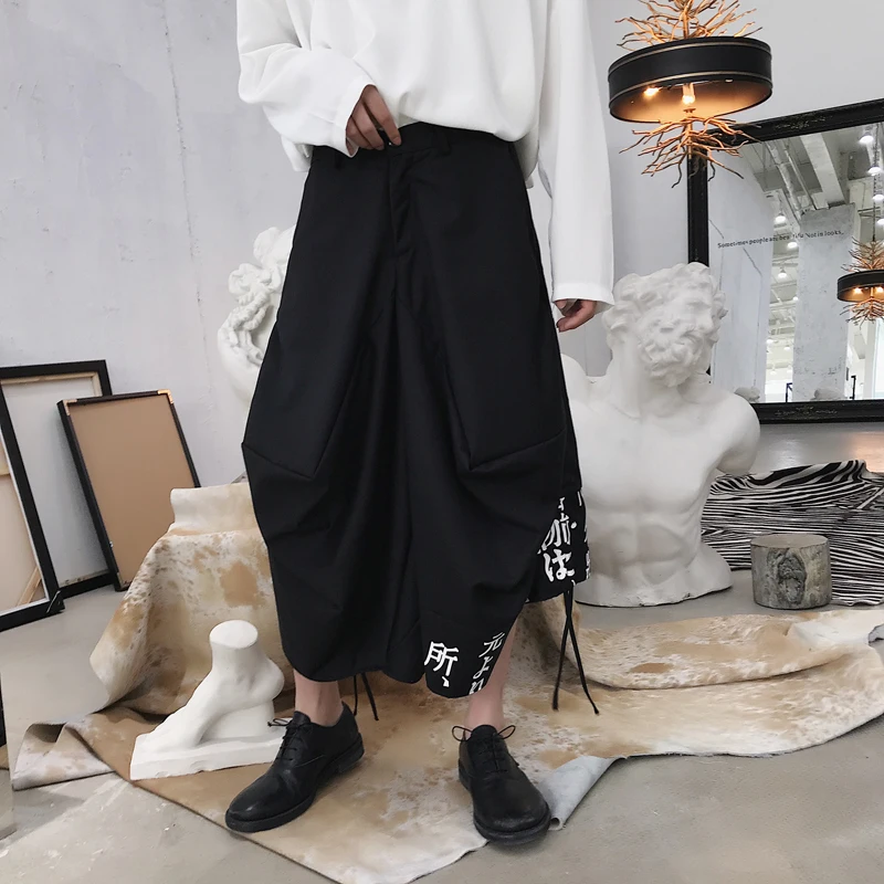 M-XXL! Ранняя осень ниша показать новые нестандартные штаны ноги дизайн свободные широкие ноги Висячие шаровары tide Мужские восемь брюки