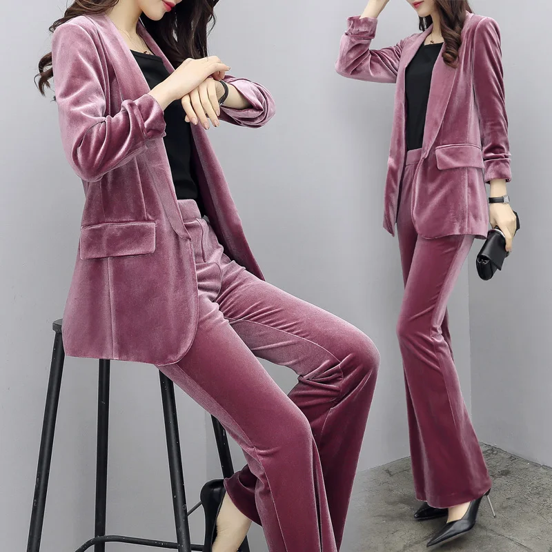 

autumn winter suits woman gold velvet casual suit sets fashion Slim Office Lady pants suits woman blazer sets and pants two sets