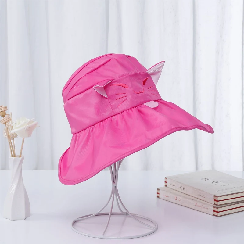 rose red Новая летняя двухсторонняя шляпа от солнца для маленьких девочек Мультяшные кошачьи уши Детские складывающиеся шляпы Детская наружная Защита от солнца на пляже Шляпы - Цвет: rose red