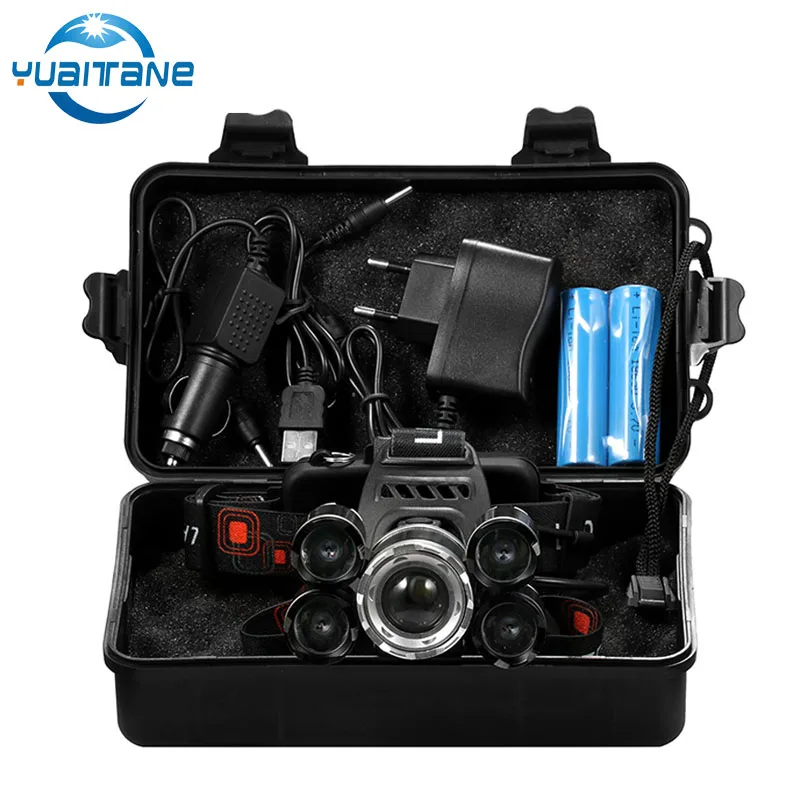 

Powerful 5LED T6 Headlamp Waterproof Headlight With 18650 Battery Flashlight AC/DC Charger For Camping Fishing Hunting Lantern