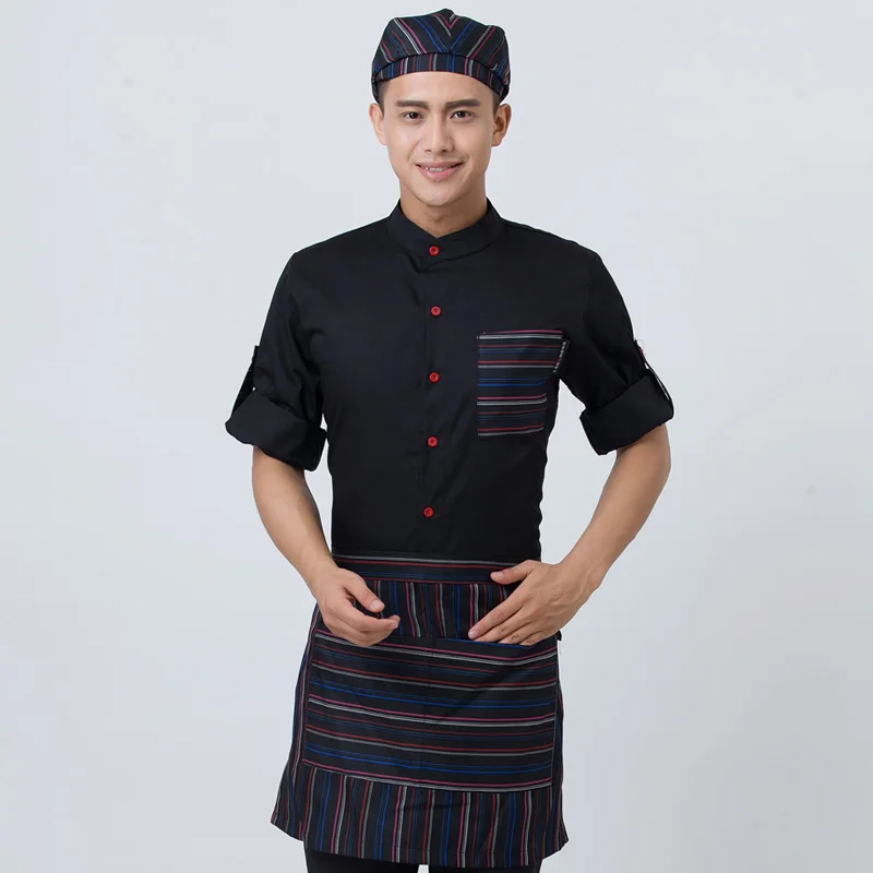long sleeve Полный комплект, униформа официанта для ресторана, шапка+ рубашка+ фартук, униформа официантки для кофейни, мужская одежда для повара, для отеля, для пекарни, рабочая одежда 89 - Цвет: long sleeve