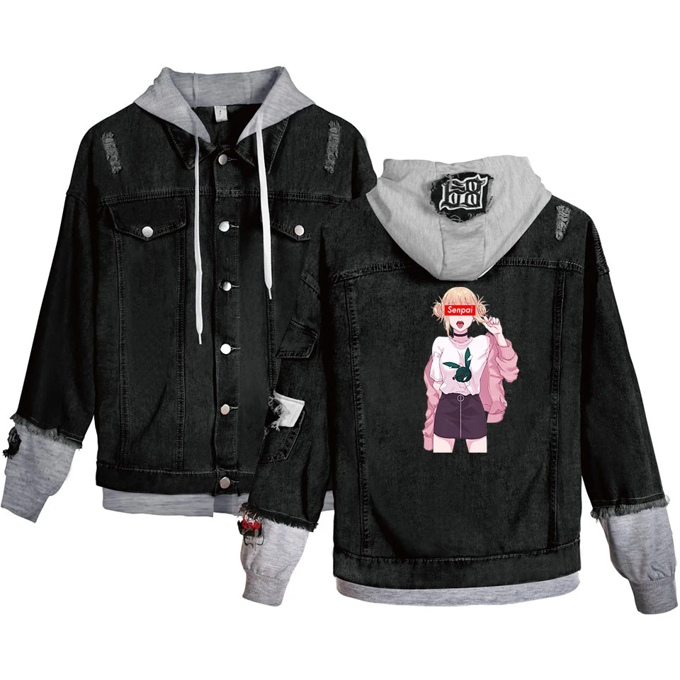 Senpai Women Denim Jacket Girls Casual Ripped Hole Jeans Coat Female Plus Size Hooded Outerwear Spring Autumn Jackets