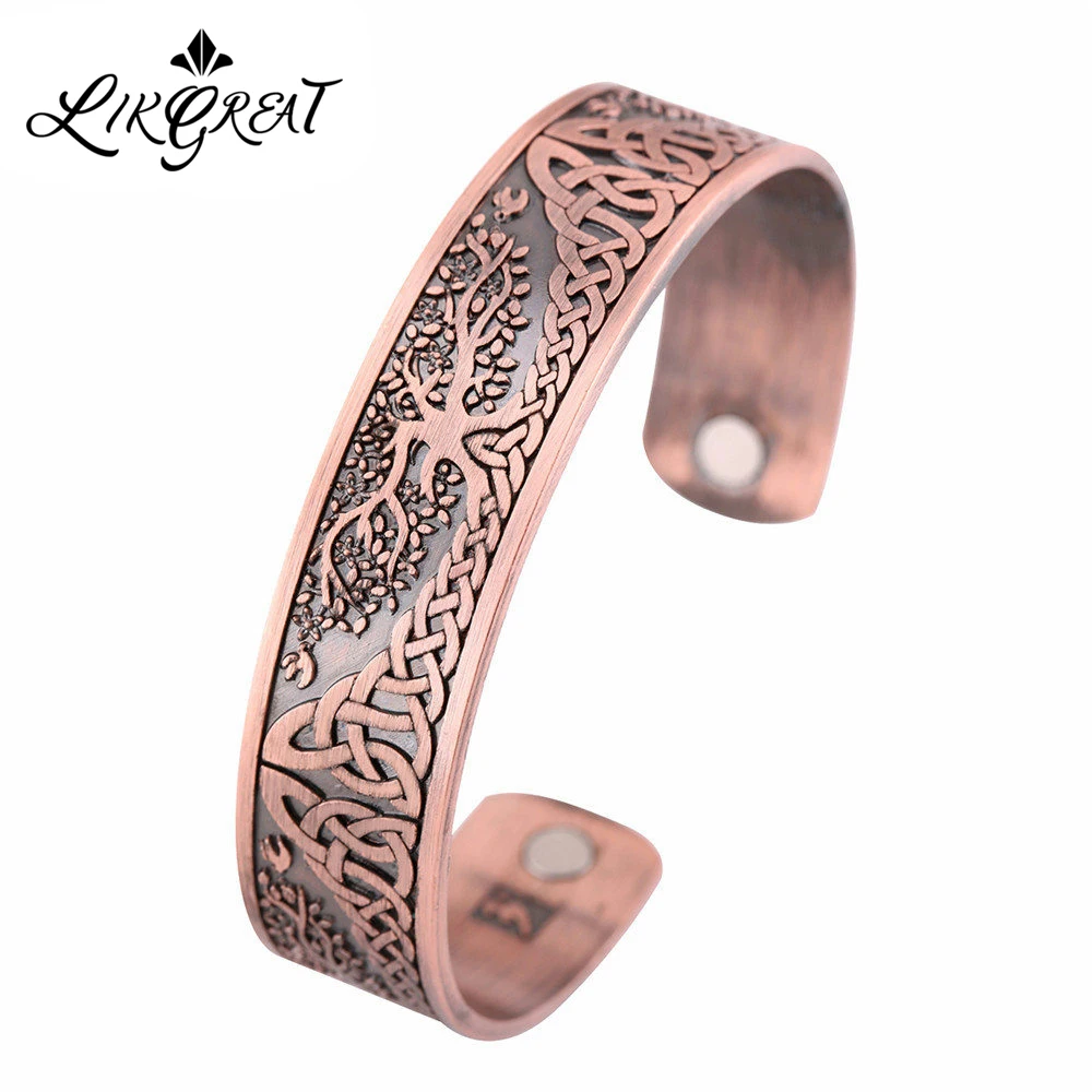 antique copper LIKGREAT Дерево жизни гравированные ювелирные изделия Викинг Браслет-манжета винтажные посеребренные магнитные браслеты для женщин и мужчин Здоровье браслеты - Окраска металла: antique copper