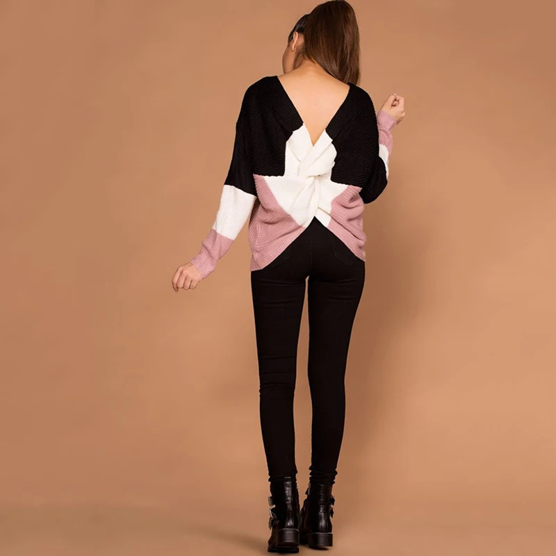 Long Sleeve Sexy Sweater Knit Streetwear Winter Woman Clothes Irregular Cross Backless Pullovers Loose Top V Neck Lady Sweaters |