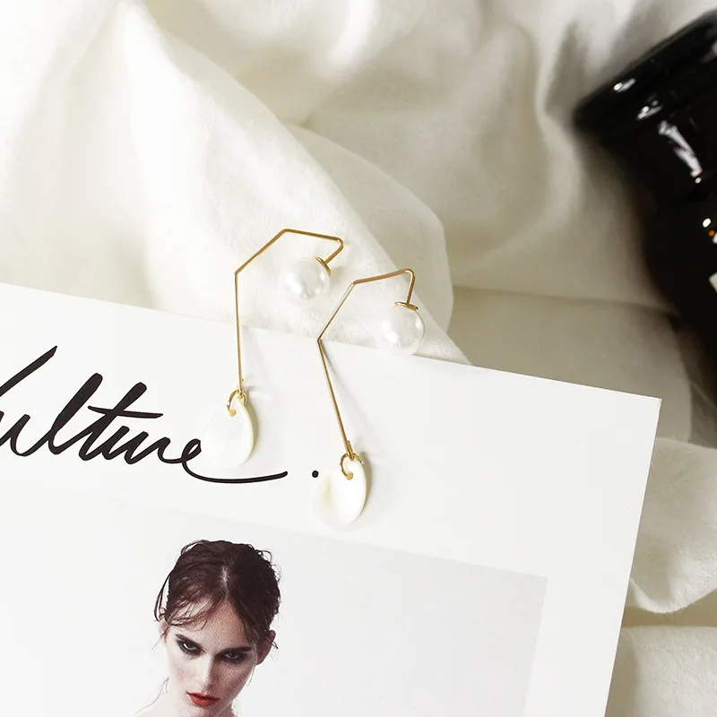 

White Simulated Pearl & Drip Shell Golden Polyline New Design Stud Earrings for Women