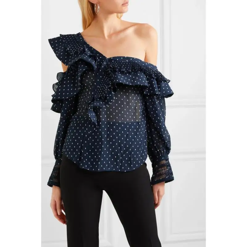 Подиумные Женские рубашки в горошек 2019 сексуальные шифоновые блузки с длинным