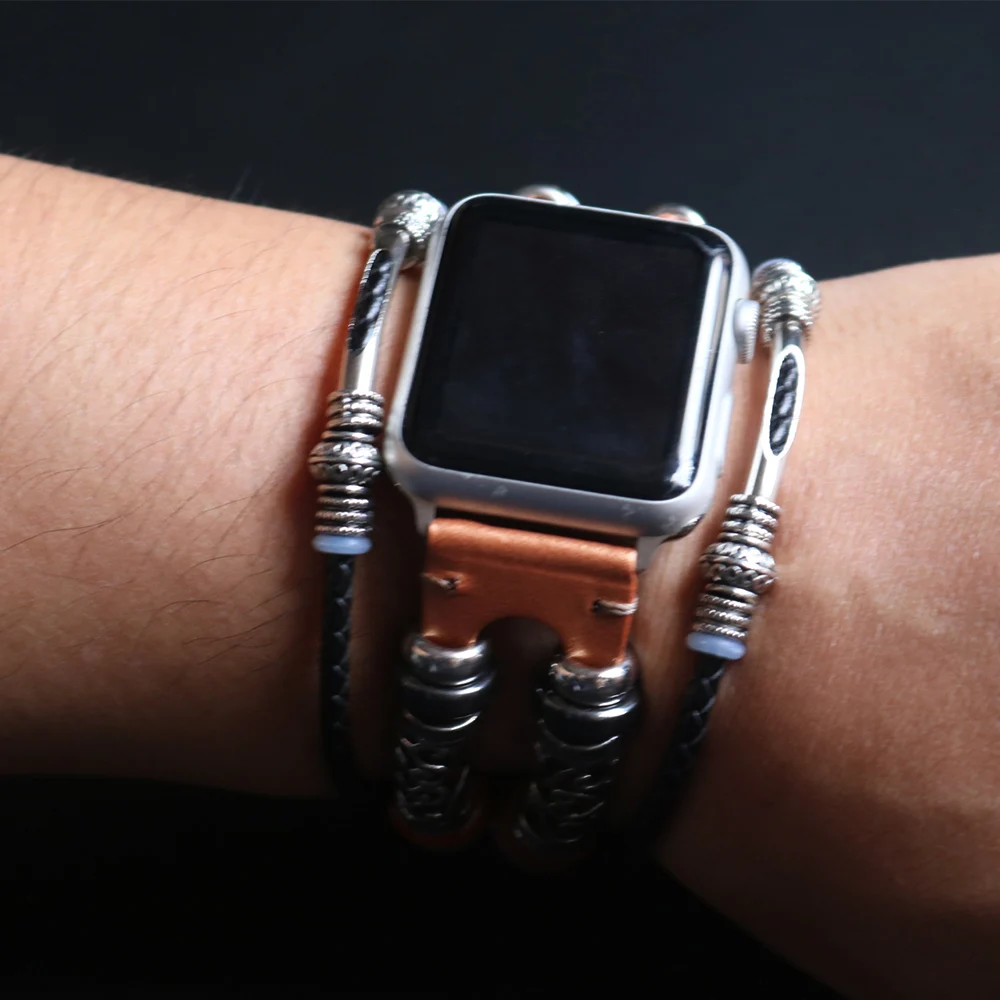 Браслет ручной работы из бисера в стиле ретро панк для Apple Watch 42 мм 38 мм из натуральной кожи для Apple iWatch 40 мм 44 мм Серия 1 2 3 4 ремешок