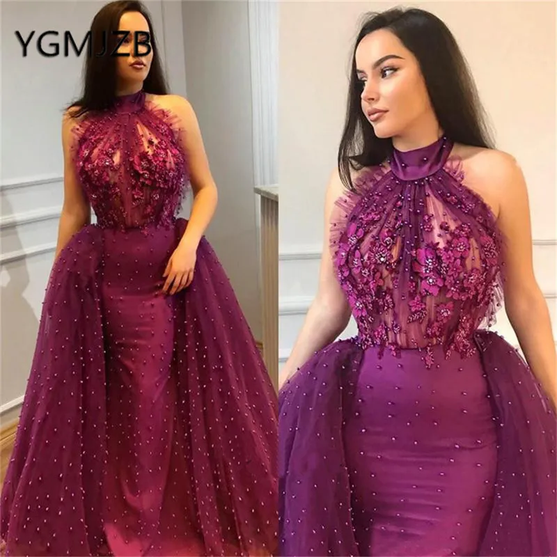 

Luxury Evening Dresses Long 2019 Mermaid Halter Detachable Train 3D Flowers Pearls Saudi Arabic Women Formal Prom Party Dress