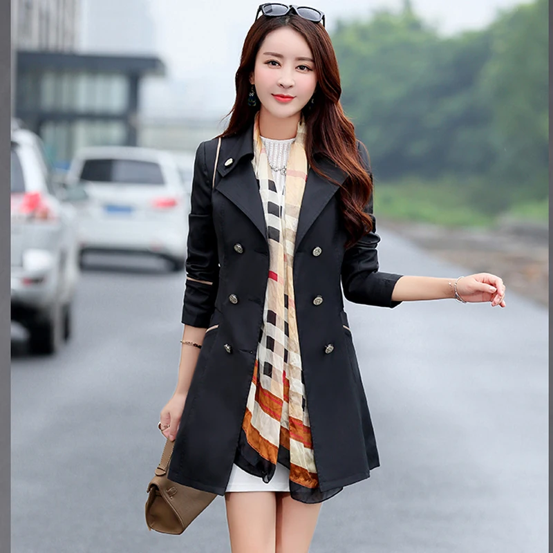 

2019 Spring Autumn Trench Coat for Women Casual Turn-down Collar Slim Double Breasted Windbreaker Female Business Outerwear M34