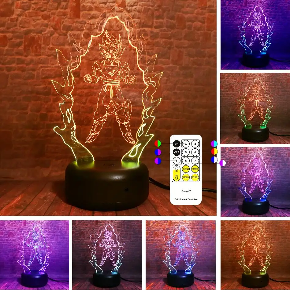 Controller 7 Color Dragon Ball Z Super Saiyan God экшен-фигурка Гоку 3D настольная лампа 7 цветов, меняющий светодиодный ночник, детская игрушка для сна, рождественские подарки - Испускаемый цвет: Controller 7 Color
