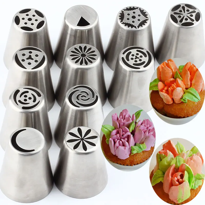 11Pcs Russian Pastry Tips Stainless Steel Cream Tulip Icing Piping Nozzles Flower Cupcake Cake Decorating Kitchen Bakeware Tools