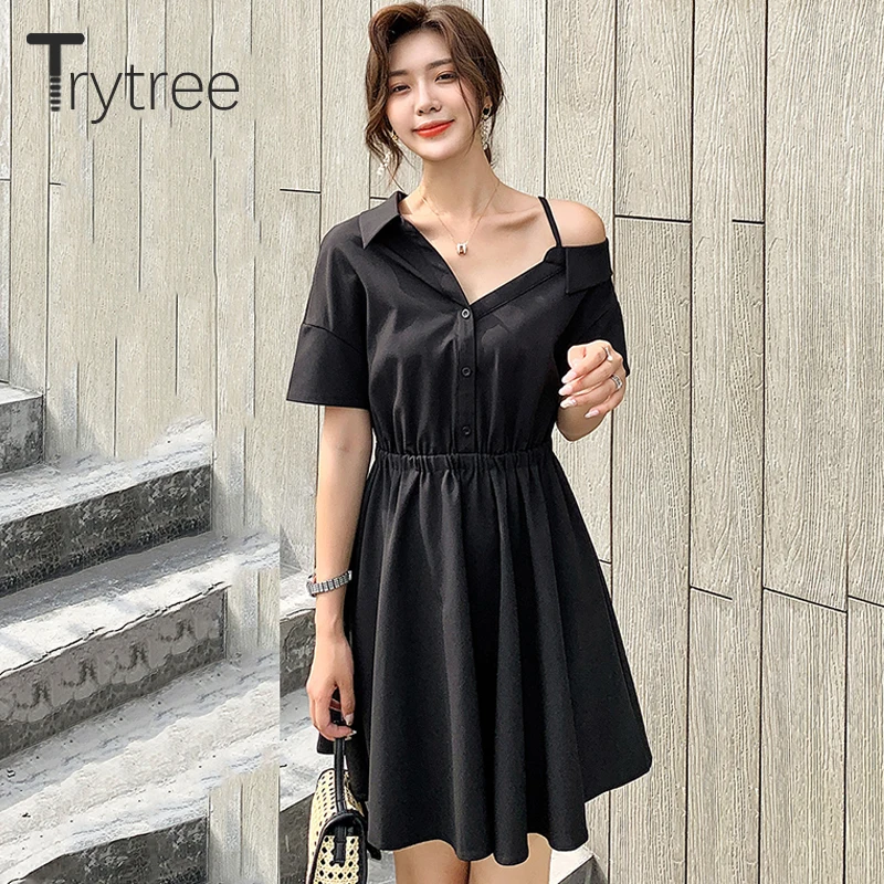 Trytree 2019 летнее женское Повседневное платье сплошное асимметричное рубашка с v