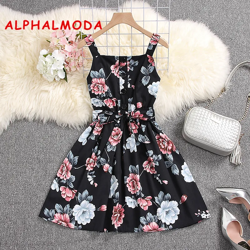 ALPHALMODA 2019 летние цветочные платье на бретелях Однобортный Высокая Талия пояса