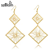 szelam gold silver hollow statement earring female vintage women double square drop earrings jewelry brincos ser160007