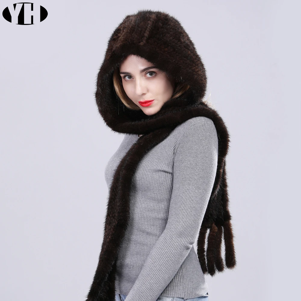2019 Новое поступление женский настоящий меховой шарф из норки с капюшоном вязаный