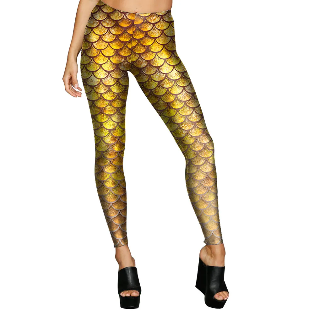 FCCEXIO Female Sexy Leggings 2019 New Shiny Mermaid Golden Fish Scale Digital Printed Stretch Smooth Fitness Jeggings | Женская одежда