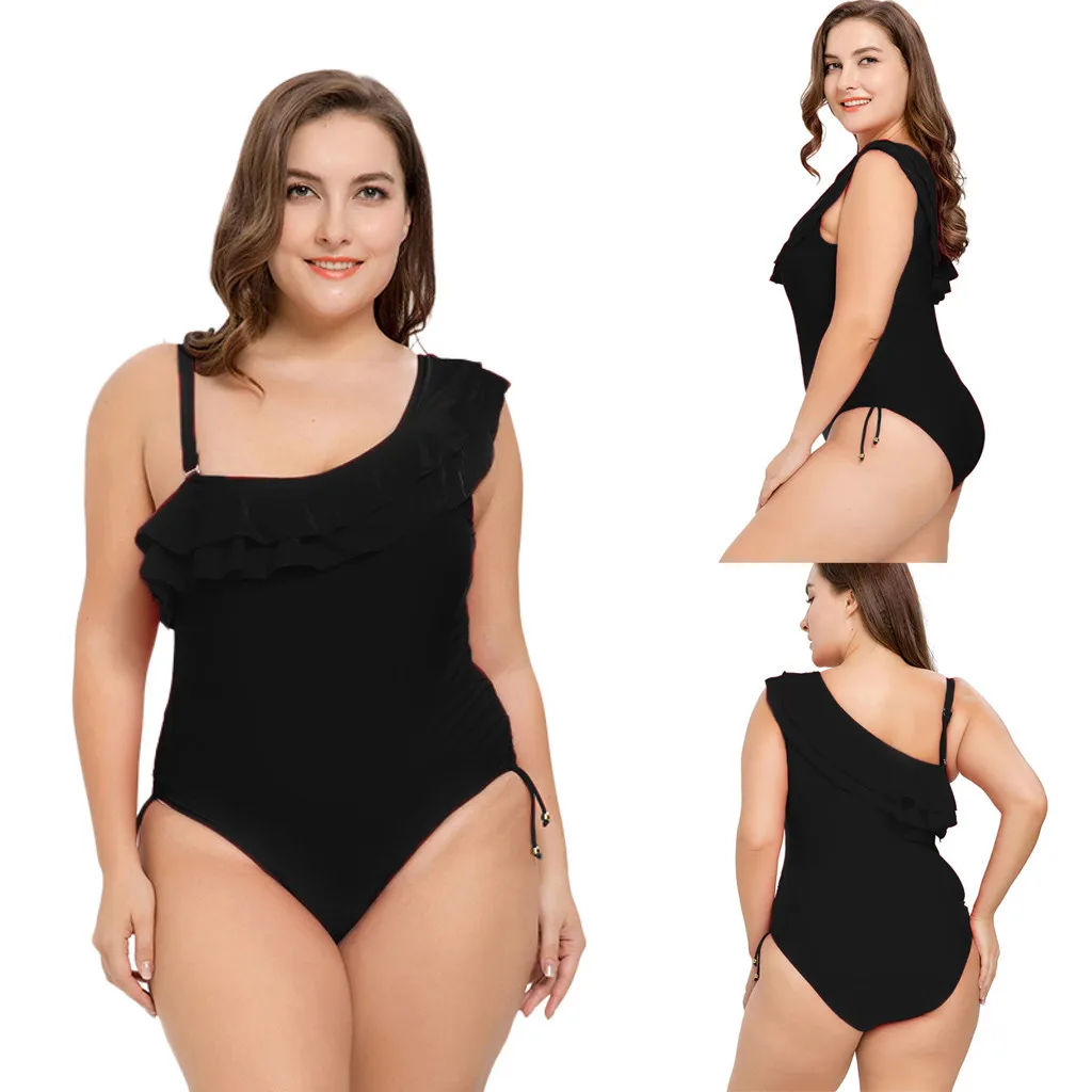 Летний женский купальник большого размера 4XL сплошной цвет красный черный