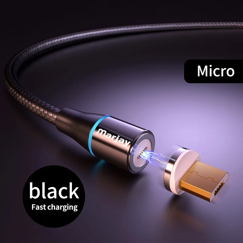 Marjay 3A магнитное зарядное устройство 2 м Micro Usb кабель для iphone Usb type C Быстрая Зарядка адаптер магнит зарядное устройство провод для samsung Xiaomi - Цвет: Black For Micro